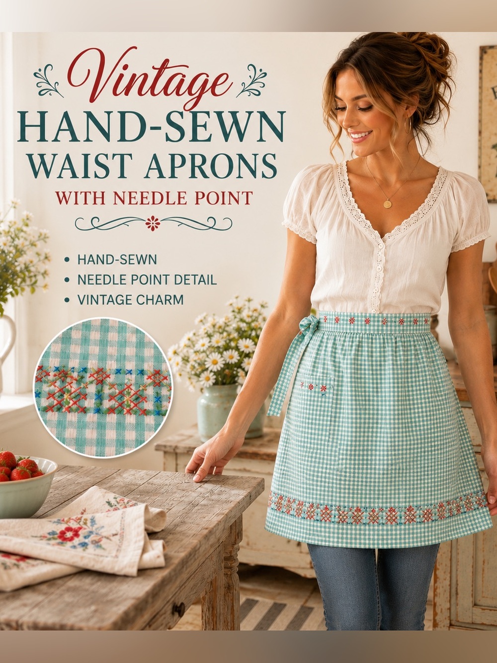 Vintage Hand-sewn Waist Aprons with needle point